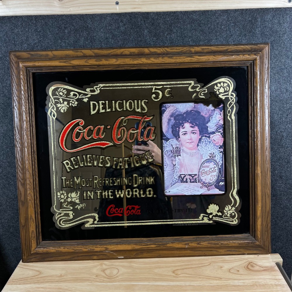 Vintage Coca-Cola Advertising Mirror Wood Frame Relieves Fatigue Victorian Lady